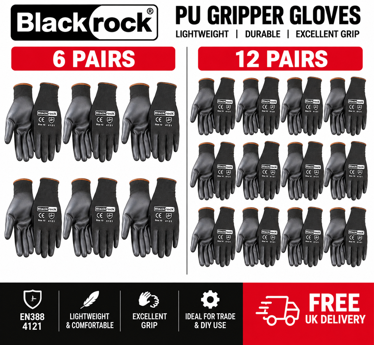 Blackrock Lightweight PU Gripper Work Gloves – Size 10 XL – 6 or 12 Pairs