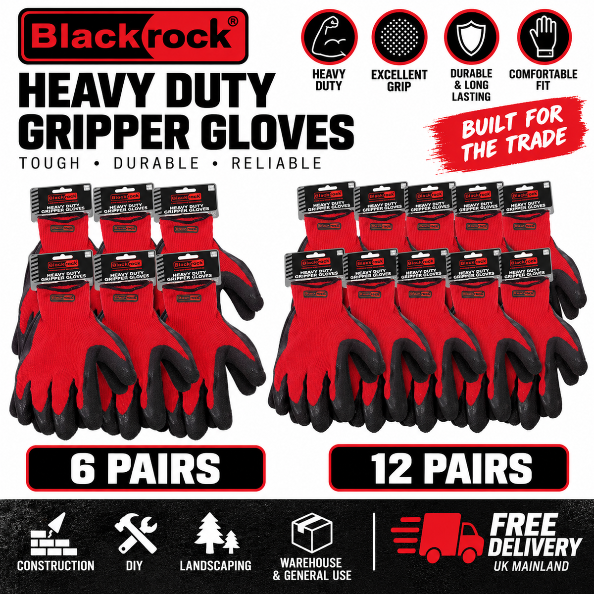 Blackrock Heavy Duty Gripper Work Gloves – 6 & 12 Pair Multipacks