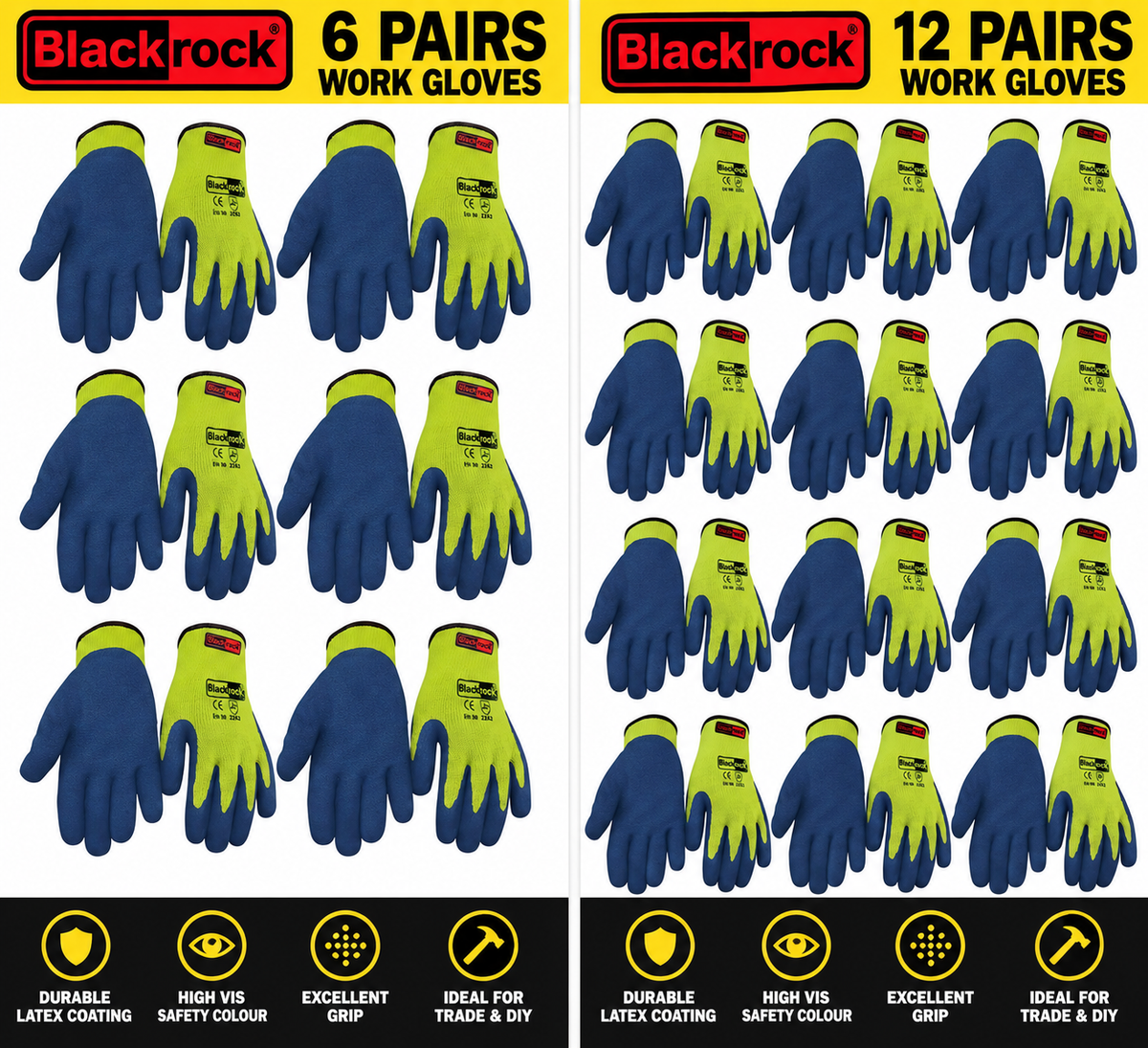 Blackrock Hi-Vis Latex Coated Work Gloves – 6 & 12 Pair Packs