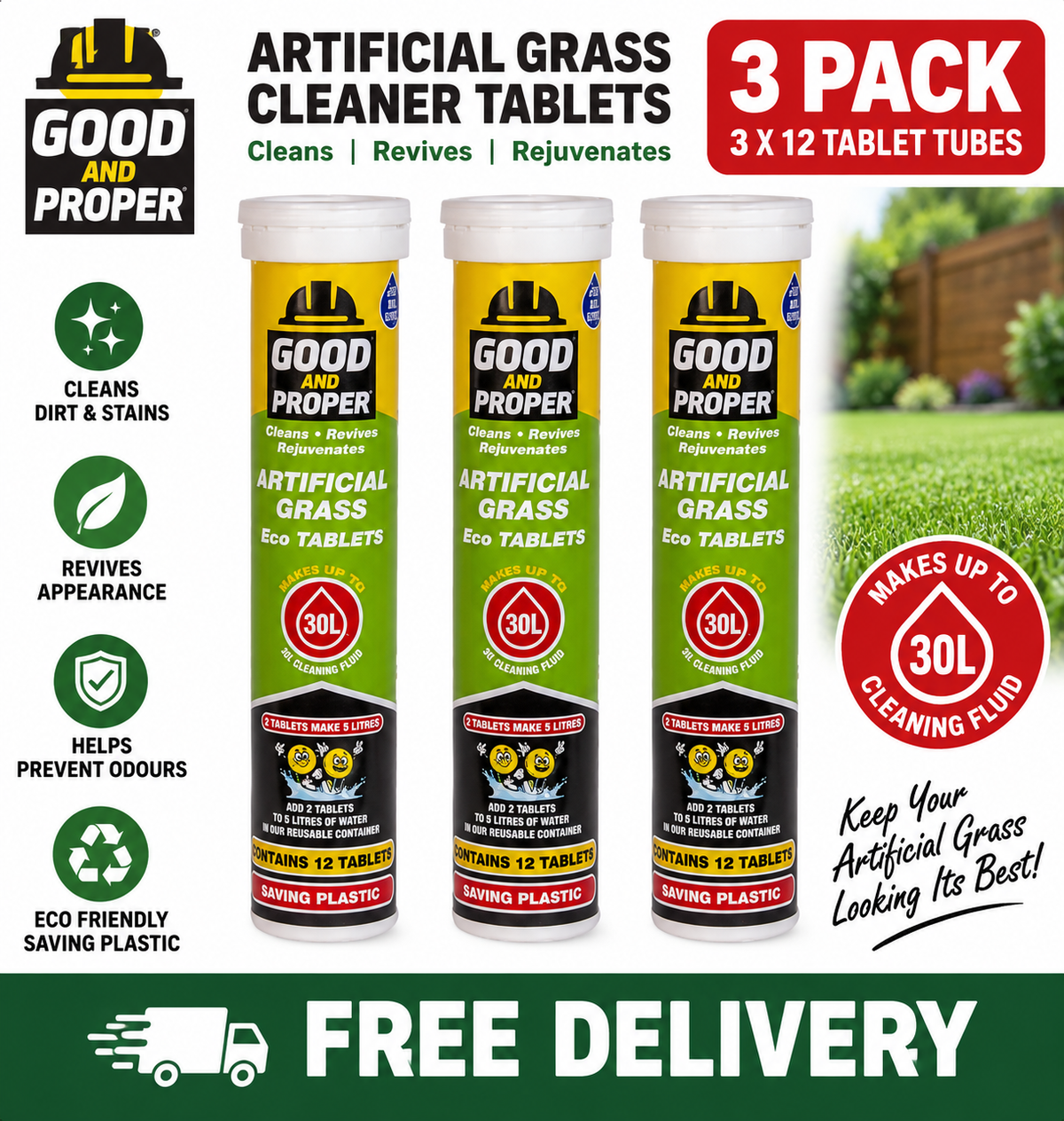 Good & Proper Artificial Grass Cleaner Tablets – 3 Pack – 36 Tablets