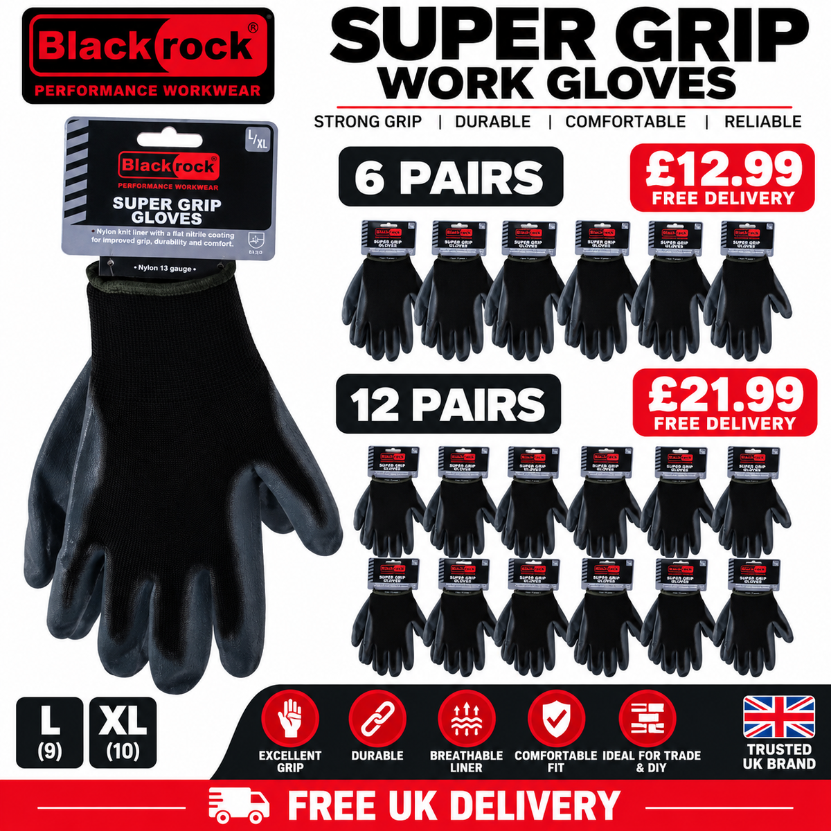 Blackrock Super Grip Work Gloves – Black Nitrile Coated – 6 or 12 Pairs – Sizes L & XL