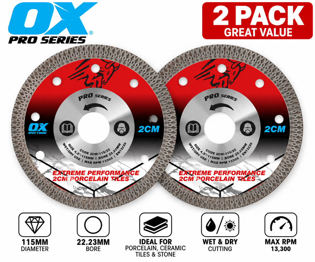 OX Pro 115mm 2CM Porcelain Diamond Cutting Blades – 2 Pack – 22.23mm Bore